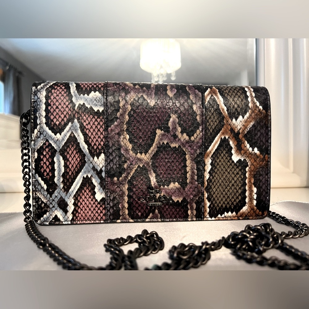 COACH Callie Foldover Chain Clutch In Colorblock Snakeskin Leather